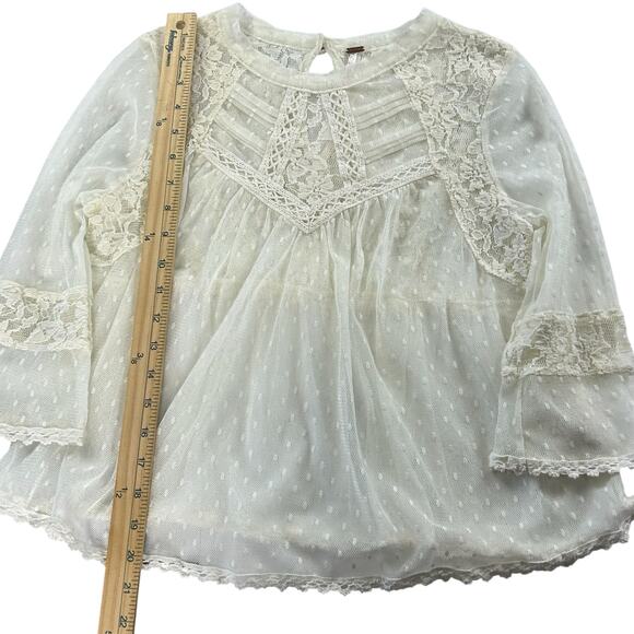Free People Lace Top Women Sze Medium Ivory White Boho Romantic Sheer Dot Blouse - Picture 14 of 14